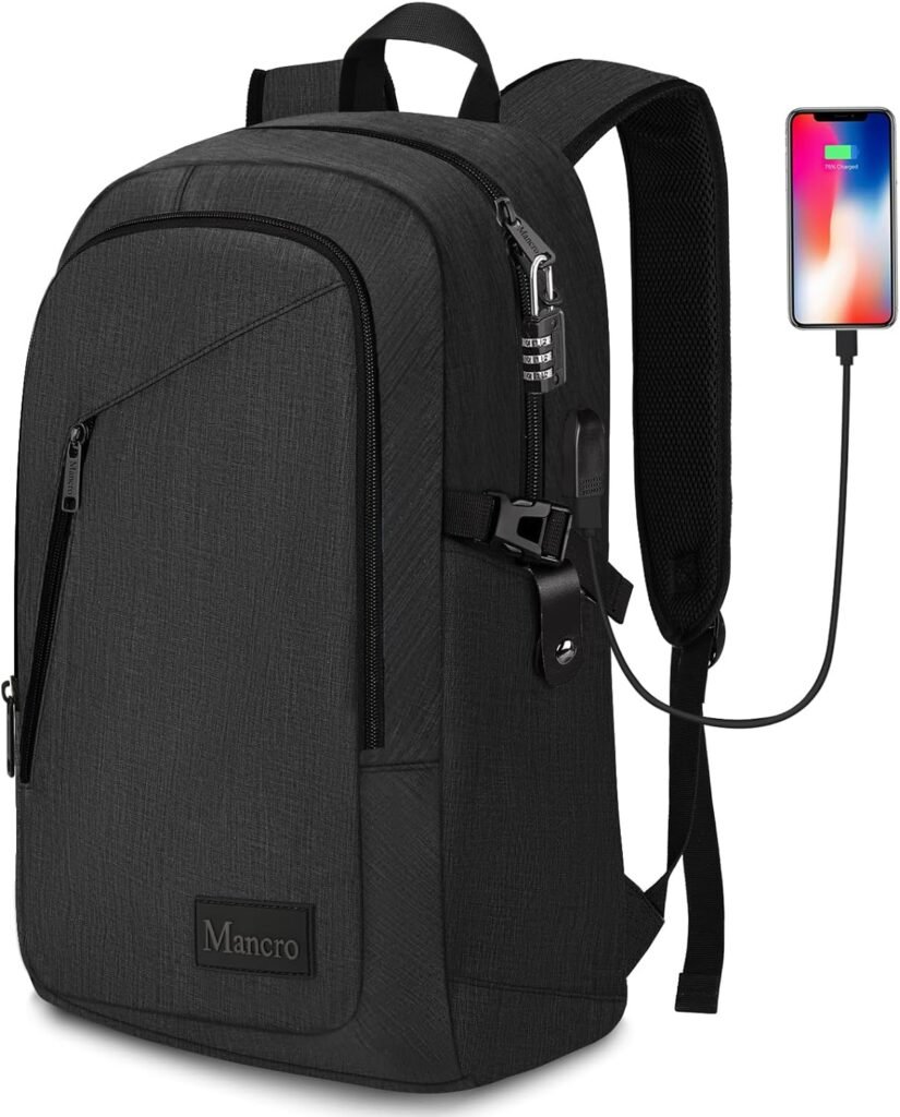 Mancro Business Travel Laptop Backpack, Anti Theft Slim Laptop Bag with USB Charging Port for Men and Women, Tech Computer Bag Fits 15.6 Inch Laptop and Notebook (Black)