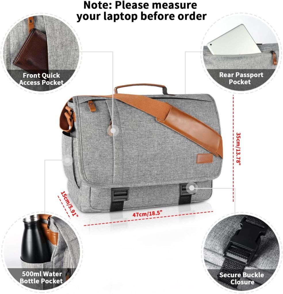 ESTARER Computer Messenger Bag 17-17.3 Inch Water-resistant Canvas Laptop Shoulder Bag for Travel Work College New Version, Grey
