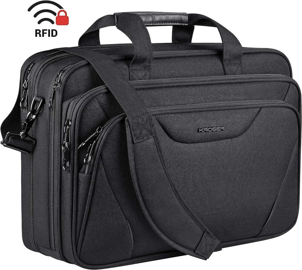 KROSER Laptop Bag Premium Computer Briefcase Fits Up to 17.3 Inch Laptop Expandable Water-Repellent Shoulder Messenger Bag for Travel/Business/Men/Women-Black