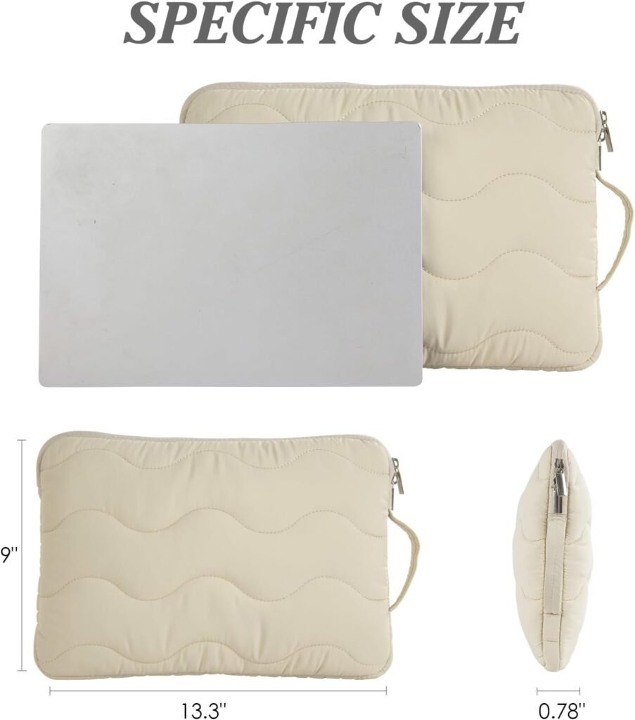 Puffy Laptop Case 13 inch 14 inch,Quilted Wave Puffer Padded Laptop Sleeve with Handle,Fluffy Computer Bag,Computer Cases for Laptops,Laptop Carrying Bag,Beige Laptop Pouch with Inner Pocket