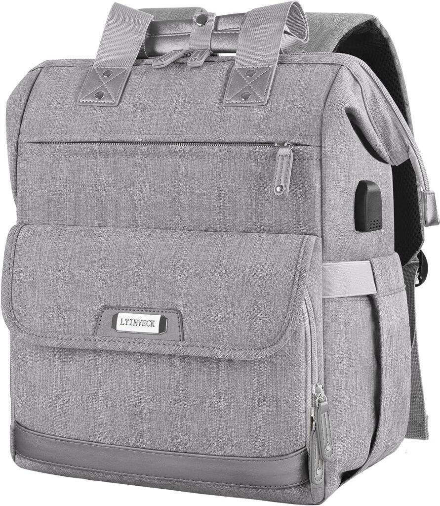 Laptop Backpack for Women,RFID Anti Theft 15.6 Inch Computer Bag Travel Backpack Men,Wide Top Open Large Teacher Nurse Backpack with USB Charging Port Airline Approved Water Resistant Daypacks Grey