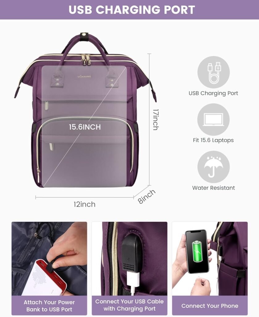 LOVEVOOK Laptop Backpack Women Teacher Backpack Nurse Bags, 15.6 Inch Womens Work Backpack Purse Waterproof Anti-theft Travel Back Pack with USB Charging Port (Black)