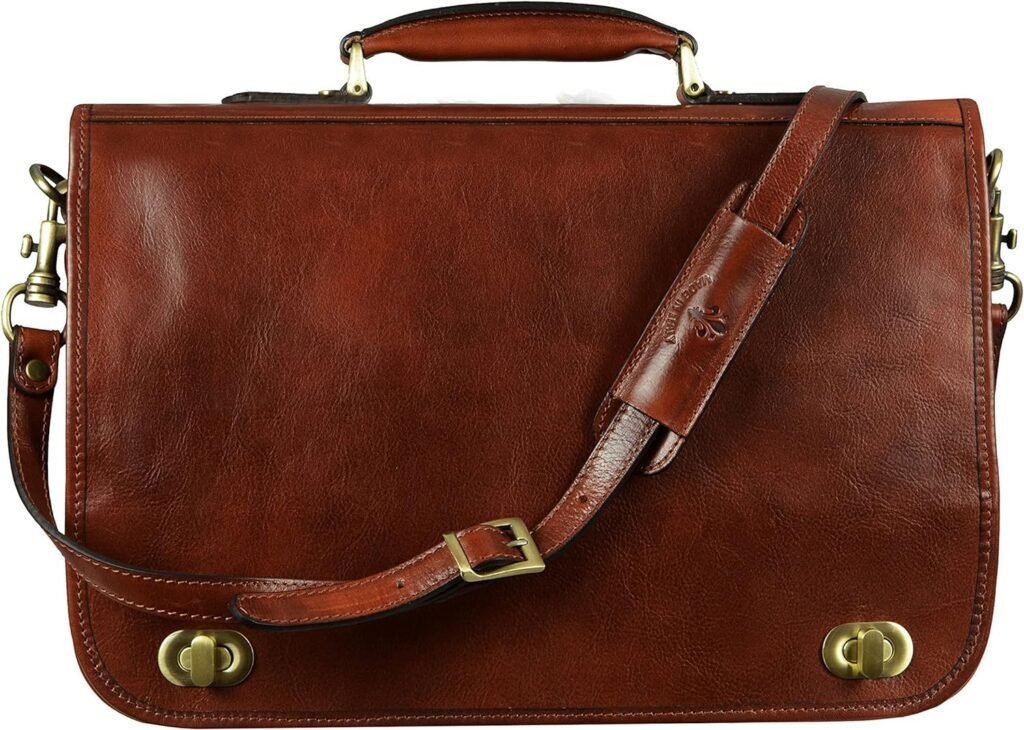 Time Resistance Leather Briefcase for Men - Italian Full Grain Leather Laptop Bag - Messenger Bag - Gift Box Included