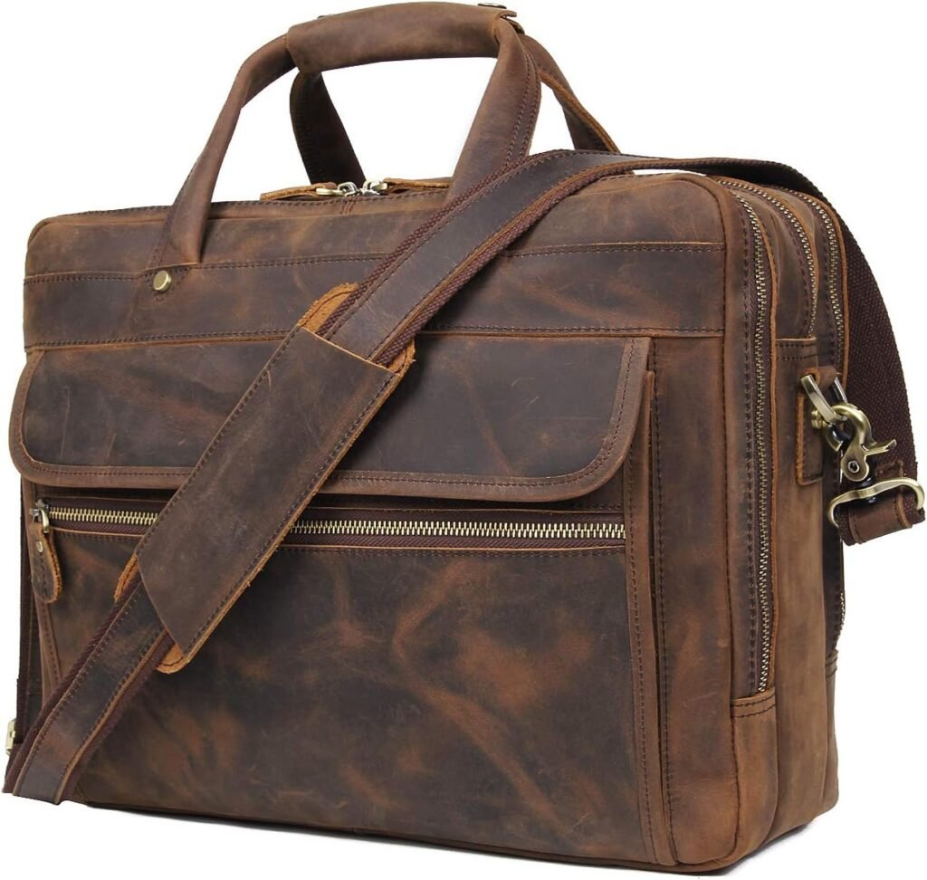 Augus Leather Briefcase for Men Business Travel Messenger Bags 15.6 Inch Laptop Bag