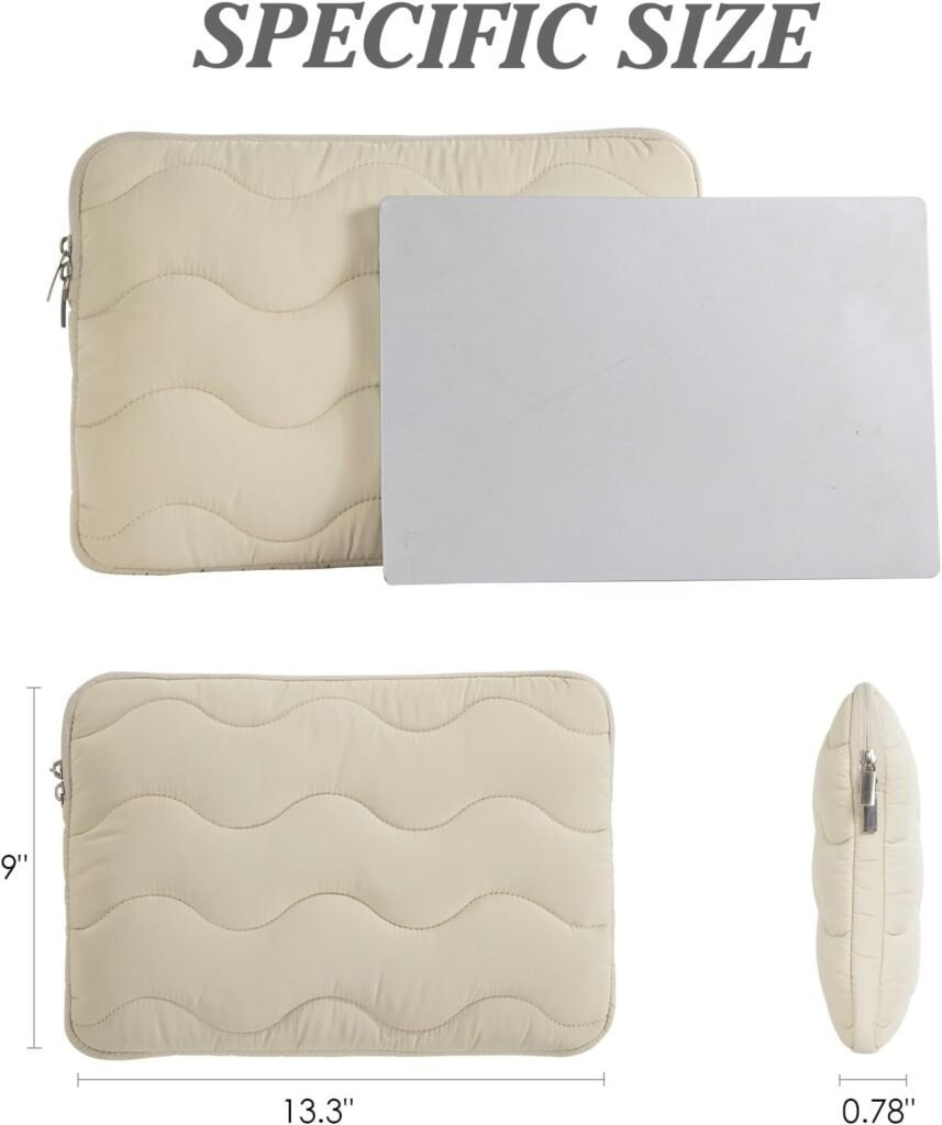 Puffy Laptop Case 13 inch 14 inch,Quilted Wave Puffer Padded Laptop Sleeve,Fluffy Computer Bag,Computer Cases for Laptops,Laptop Carrying Bag,Beige Laptop Pouch