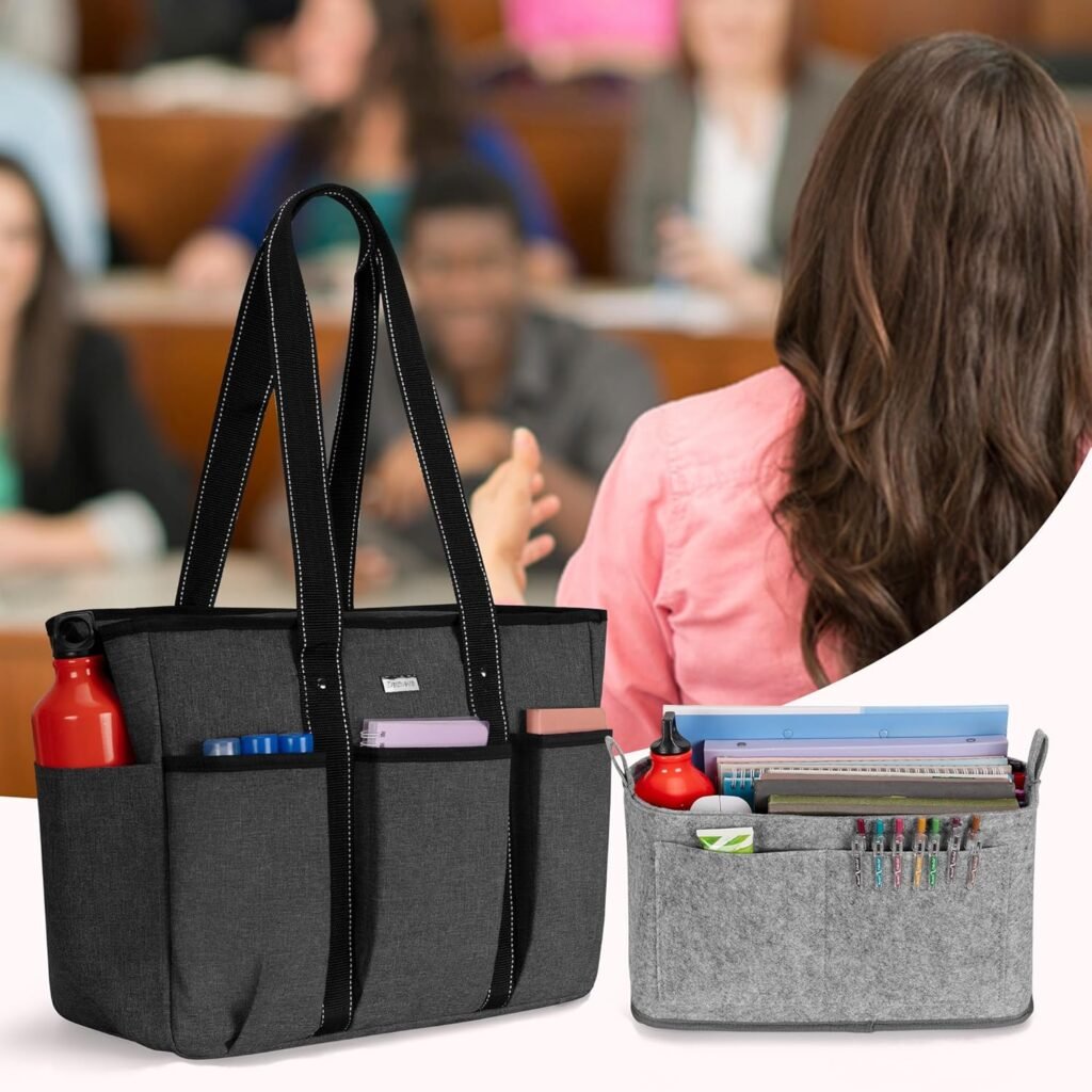 Damero Teacher Tote Bag with Padded Laptop Sleeve, Teacher Work Shoulder Bag for Office, Work or Travel, Gray